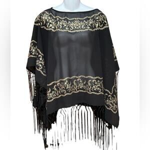 Zashi Sheer Black Cape with Gold Trim and Fringe One Size Fits Most